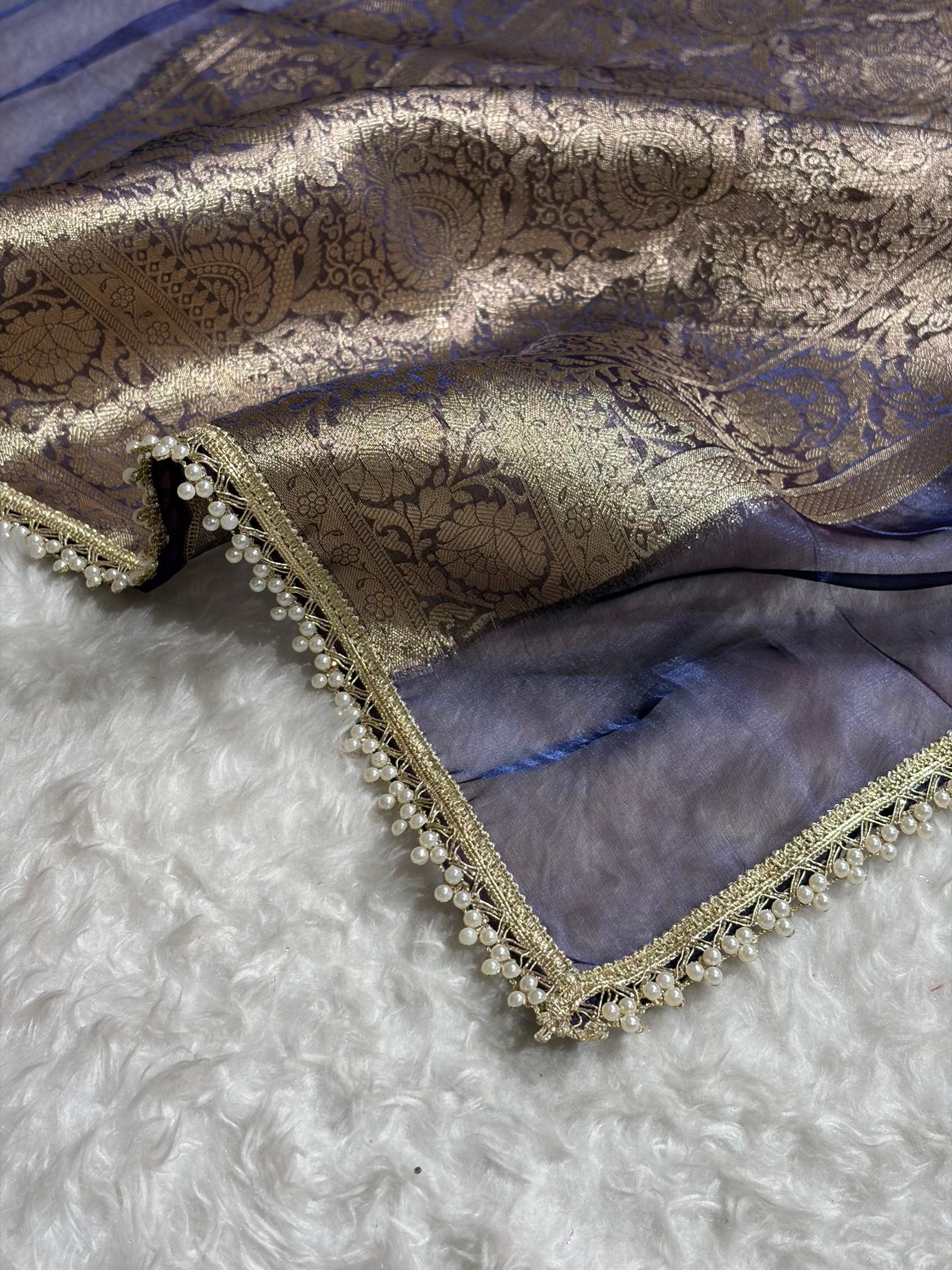 Purplish Navy Shade Pure Tissue Silk Saree with Brocade Blouse And Gotta Patti PTGP-18