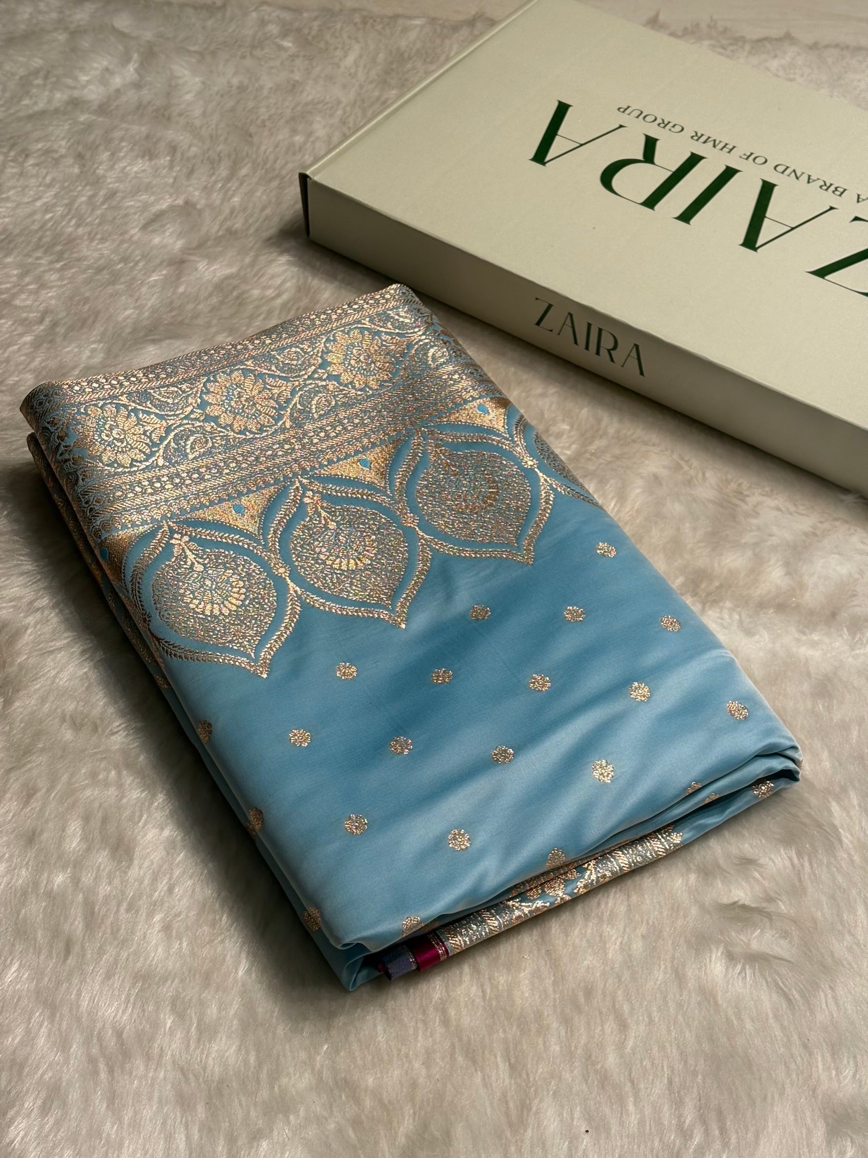 Sky Blue Booti Satin katan Silk Saree SK11