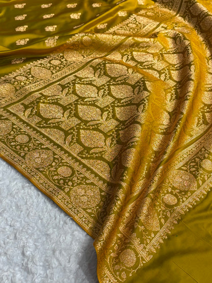 Banarasi Satin Katan Saree With Boota in Liril Mehendi Shades SK98