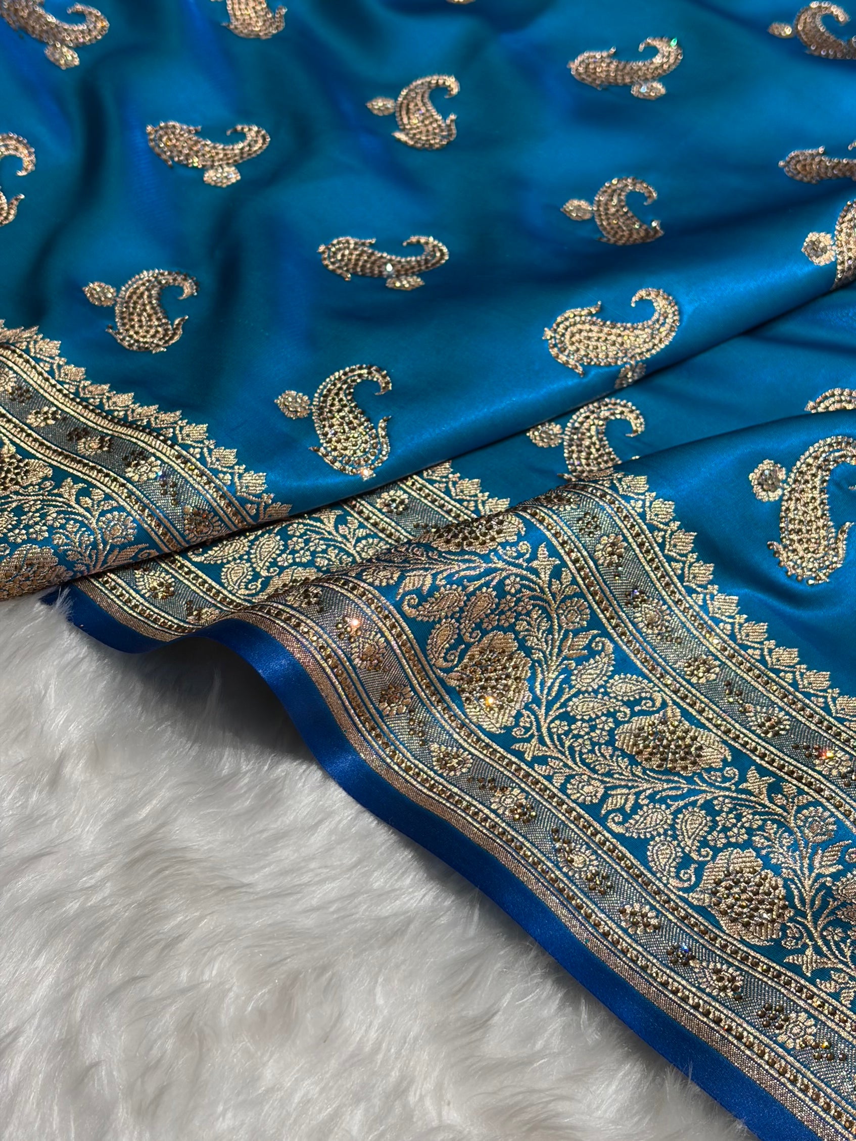 Satin Silk Saree Tredition Banarasi Swarovski Work Floral Boota in Firozi Shades BSS27
