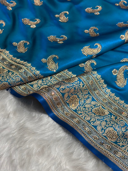 Satin Silk Saree Tredition Banarasi Swarovski Work Floral Boota in Firozi Shades BSS27