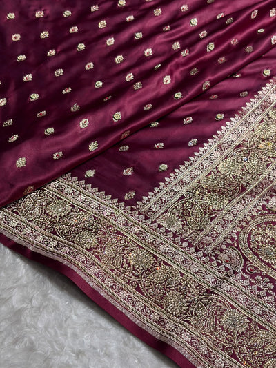 Banarasi Chocolate Booti Pattern With Ari Zardozi Stone Work Satin Katan Silk Saree BSK53