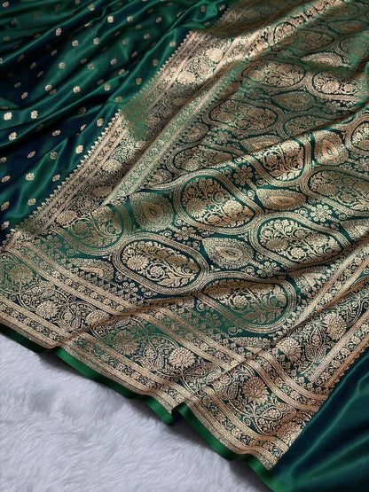 Cross Green Booti Pattern Satin Katan Silk Saree SK53