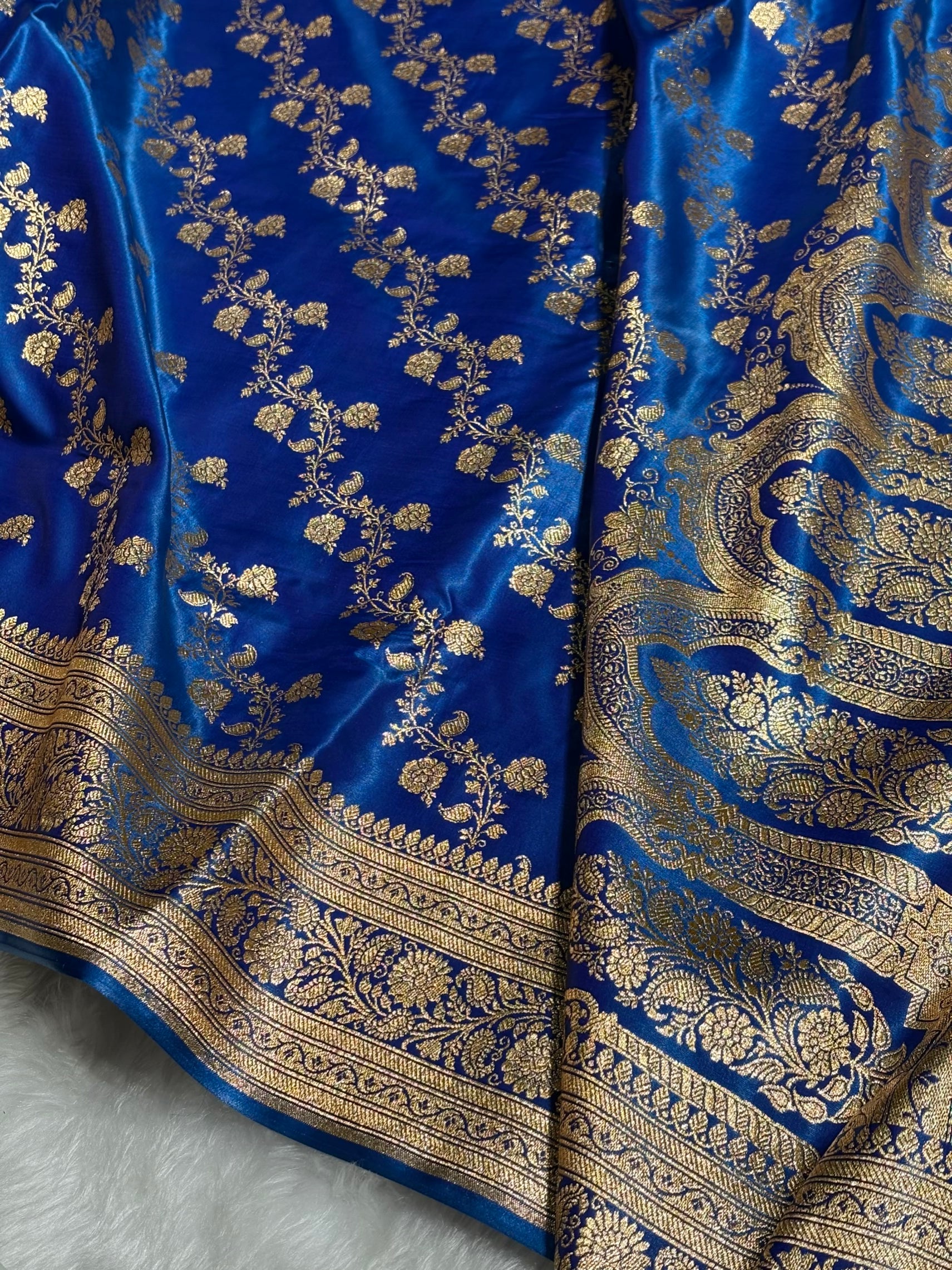 Royal Blue Shades Banarasi  Cross Jaal Satin Silk Saree SS11