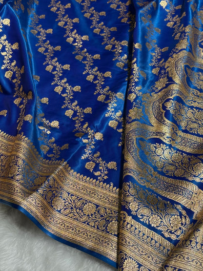 Royal Blue Shades Banarasi  Cross Jaal Satin Silk Saree SS11