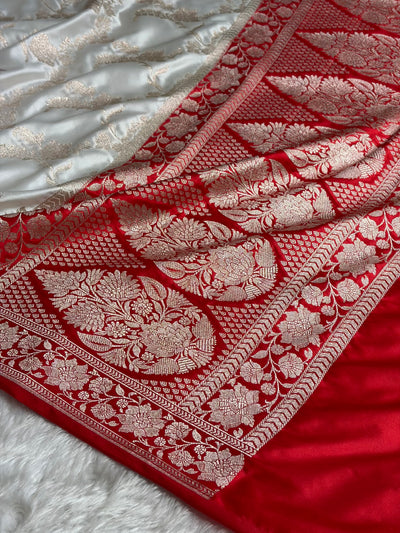 Contrast White / Red Shades Jaal Mashru Silk Saree MCS48