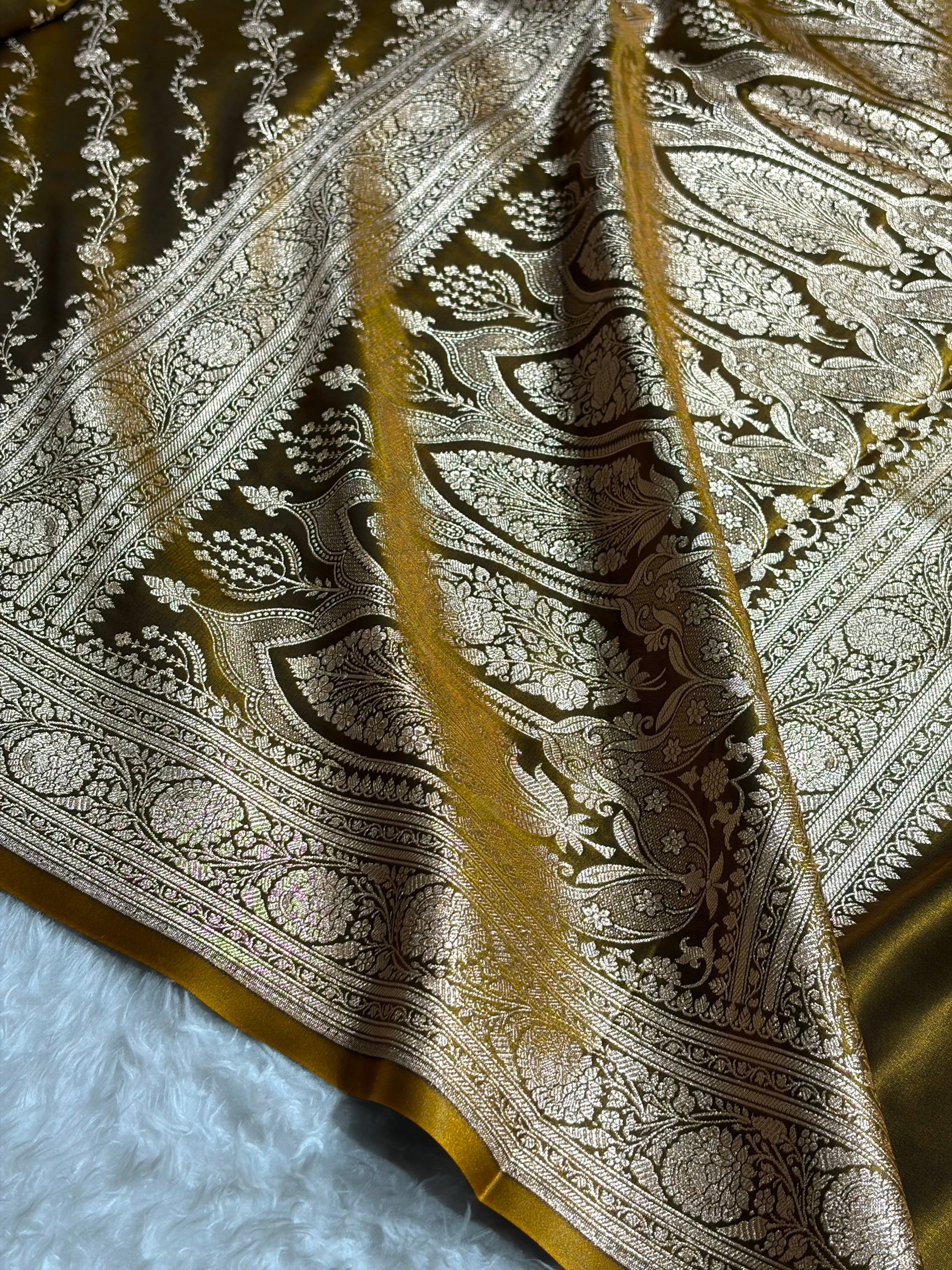 Satin Silk Cross Pattern in Mahndi Shades SS37