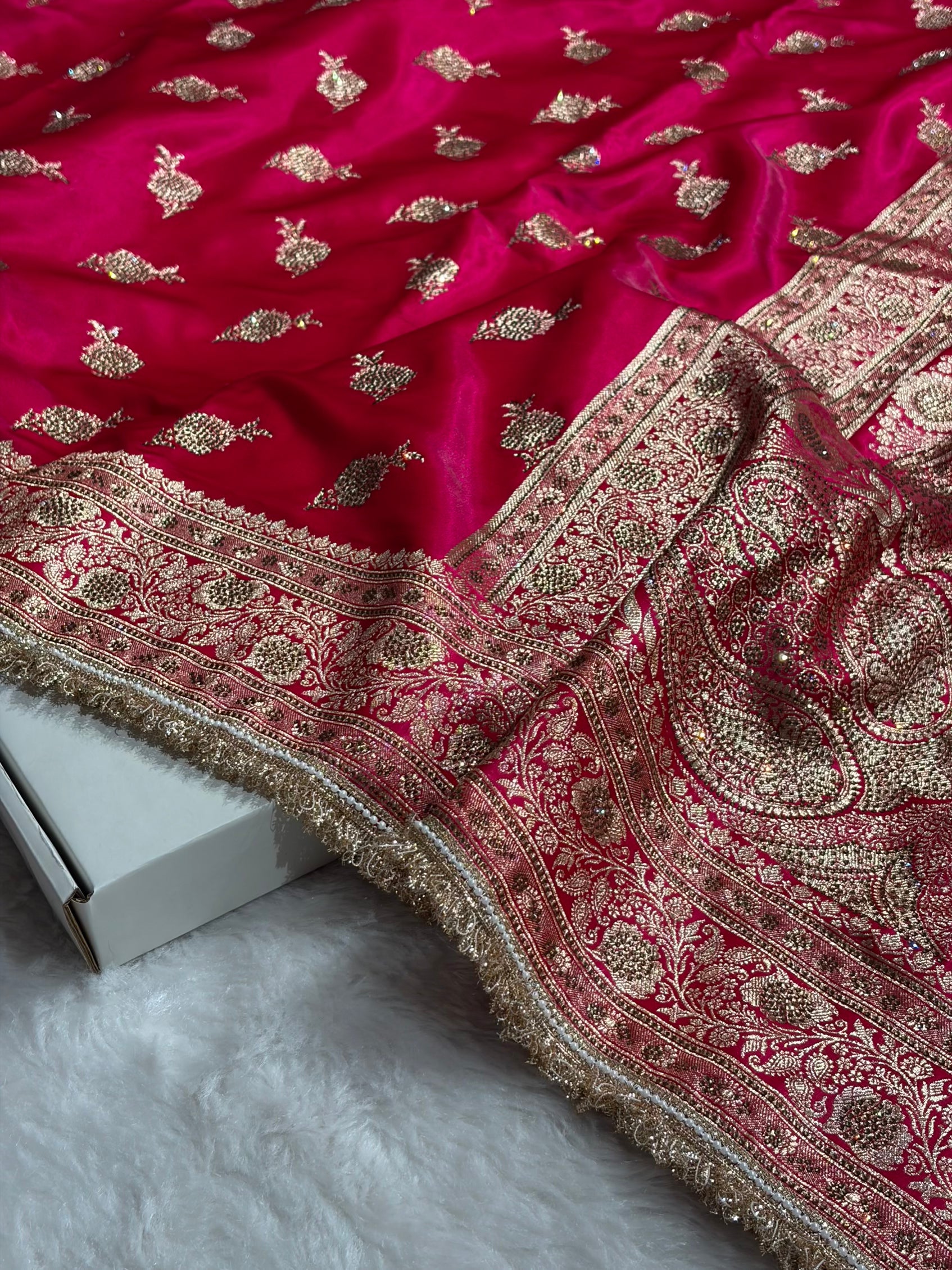 Satin Silk Saree Floral Boota With Swarovski & Gotta Patti Work in Cross Rani Shades BSSGP26