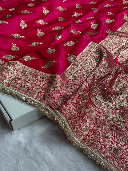 Satin Silk Saree Floral Boota With Swarovski & Gotta Patti Work in Cross Rani Shades BSSGP26