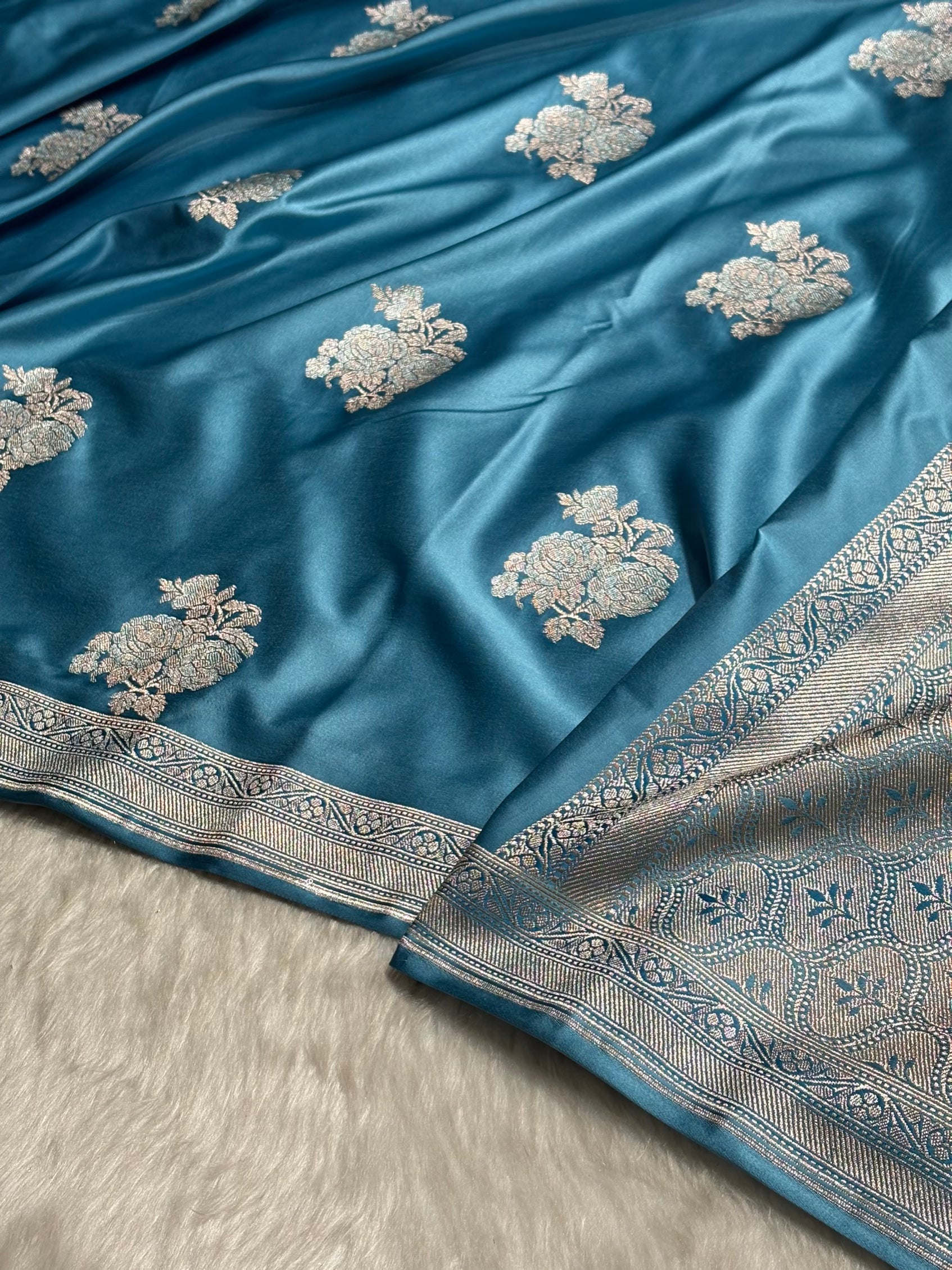 Sky Blue Sona Rupa Floral Motif Mashru Silk Saree MS50