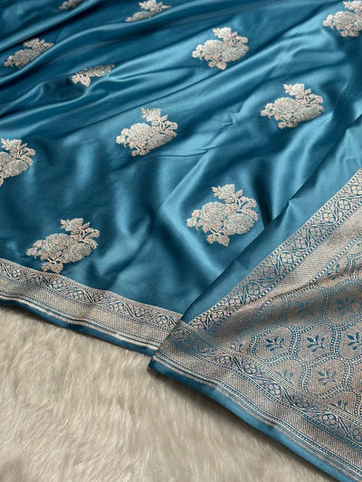 Sky Blue Sona Rupa Floral Motif Mashru Silk Saree MCS50