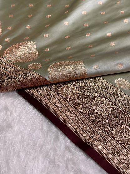Pista with Chocolate Booti Satin Katan Silk saree SK29