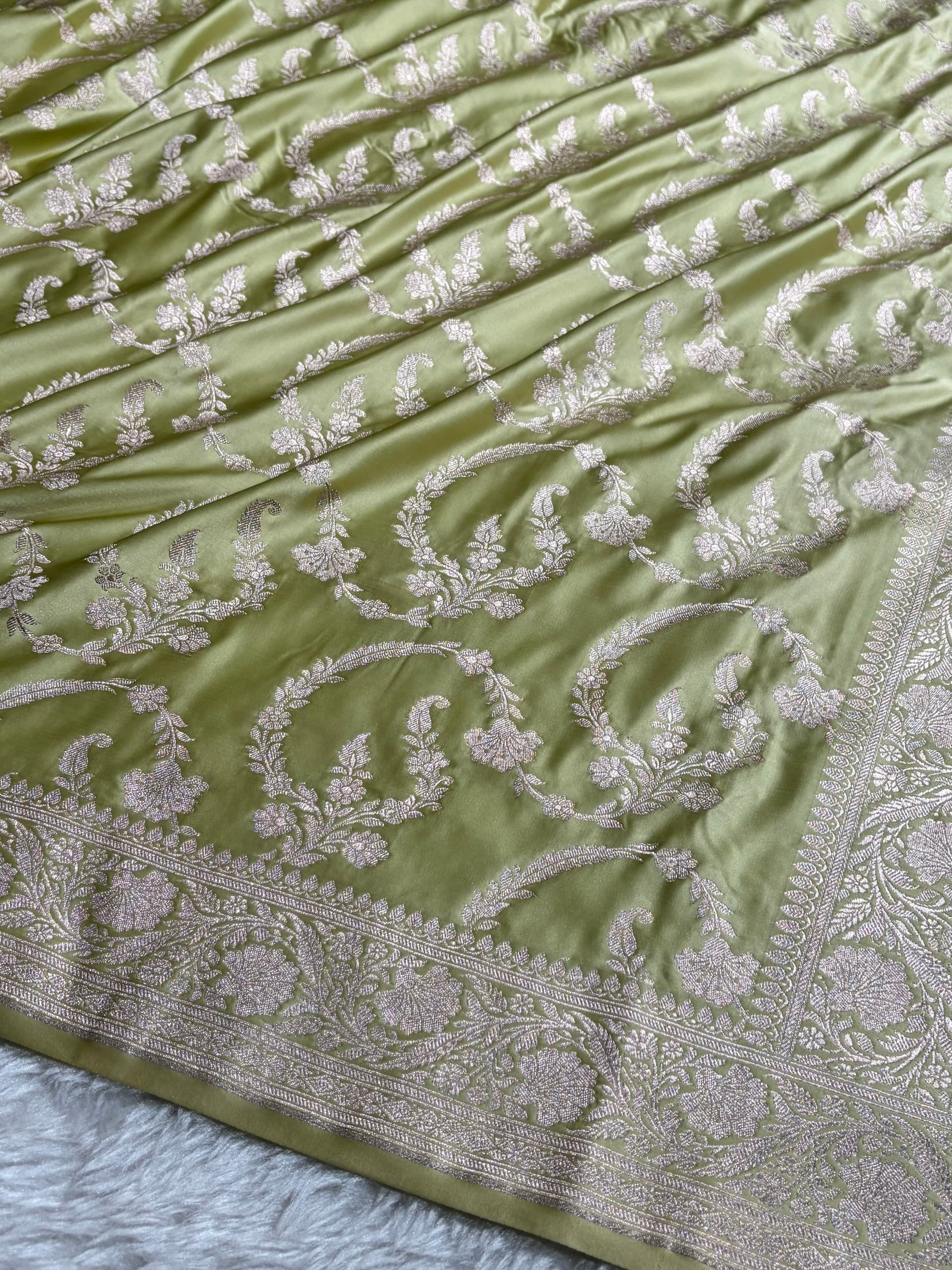 Pista Shades Banarasi With Floral Jaal Pattern Mashru Silk Saree MSM-132