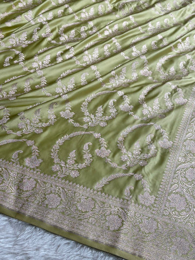 Pista Shades Banarasi With Floral Jaal Pattern Mashru Silk Saree MSM-132