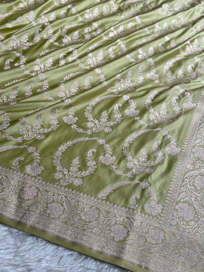 Pista Shades Banarasi With Floral Jaal Pattern Mashru Silk Saree MSM-132