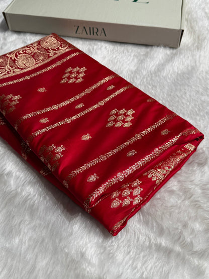 Red Strip Floral Boota Pattern Satin Katan Silk saree SK39