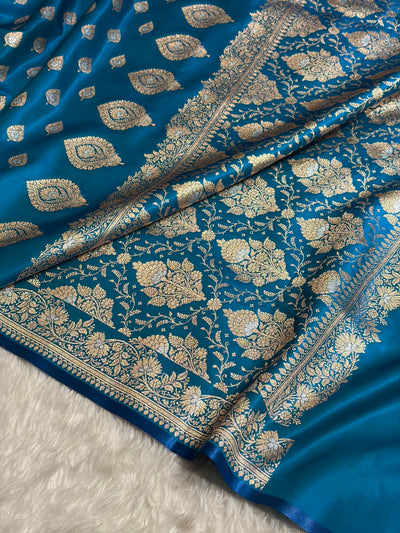 Banarasi Firozi Shades Minakari Booti Pattern Banarasi Satin Silk Saree SS60