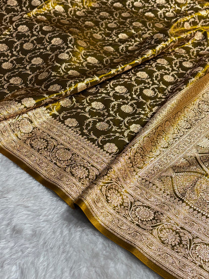 Ultra Light Weight Satin Silk Jaal in Mehendi Shades SS13