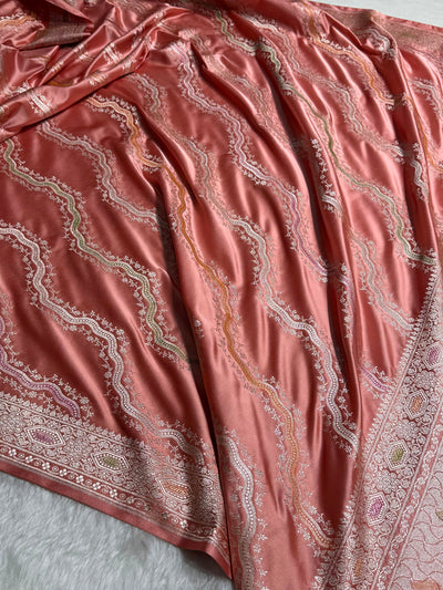 Peach Minakari Cross Pattern in unique Banarasi Shades Mashru Silk Saree MCS93