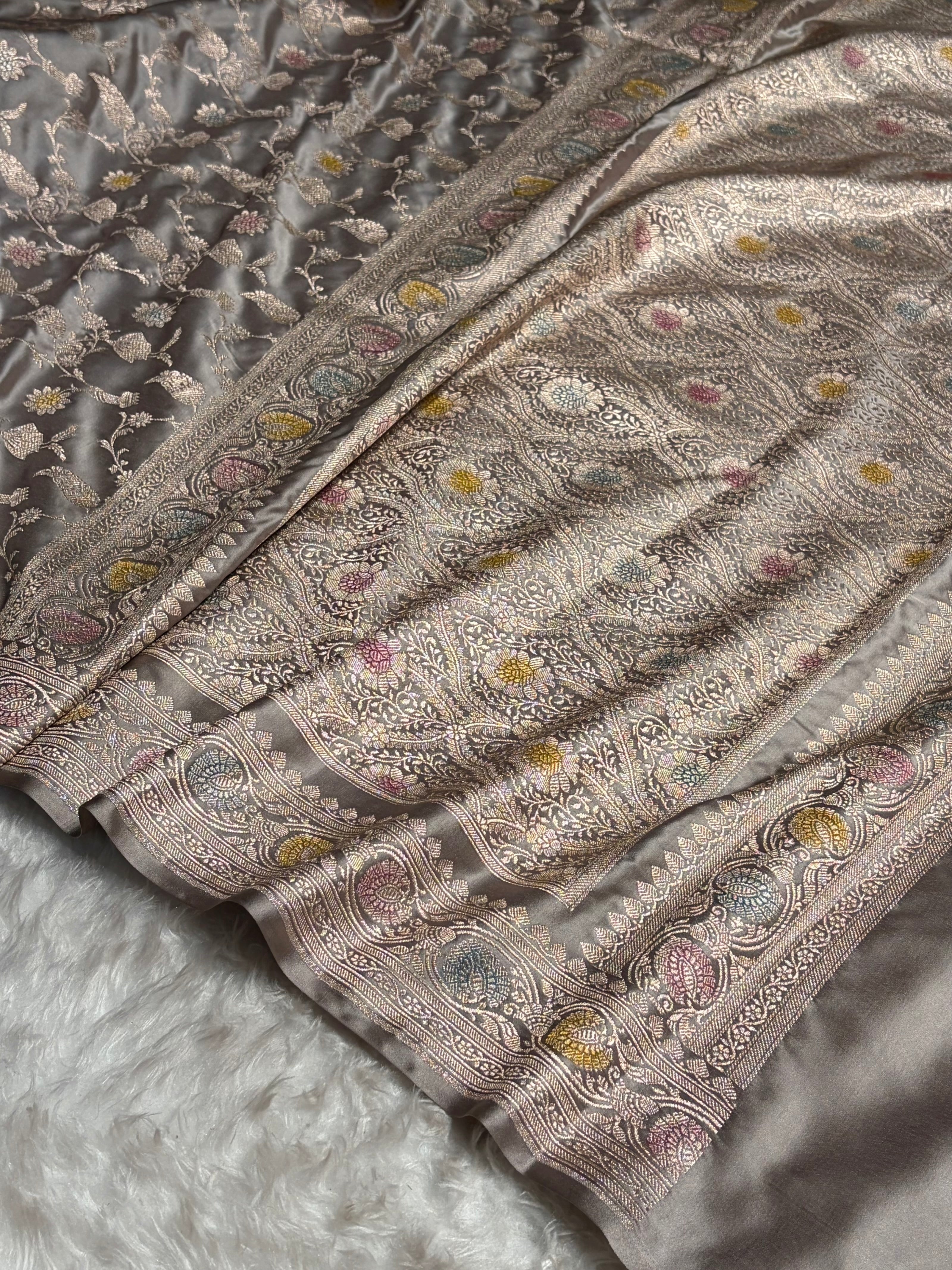 Gray Shades In Banarasi Minakari Jaal Mashru Silk Saree MS42