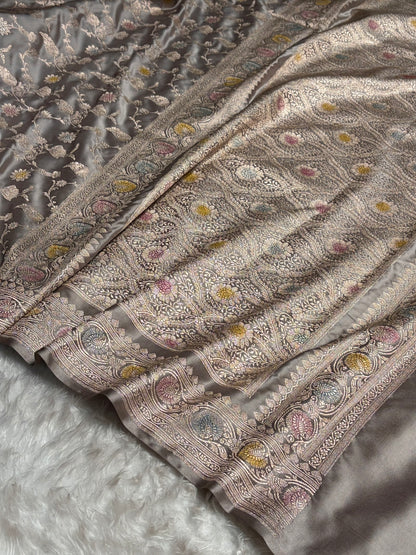 Gray Shades In Banarasi Minakari Jaal Mashru Silk Saree MS42