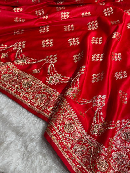 Bridal Red Floral Boota Pattern With Zardozi Stone Work Satin Katan Silk saree BSK34
