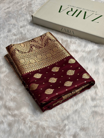 Garnet Unique Boota Pattern Satin Katan Silk Saree SK69