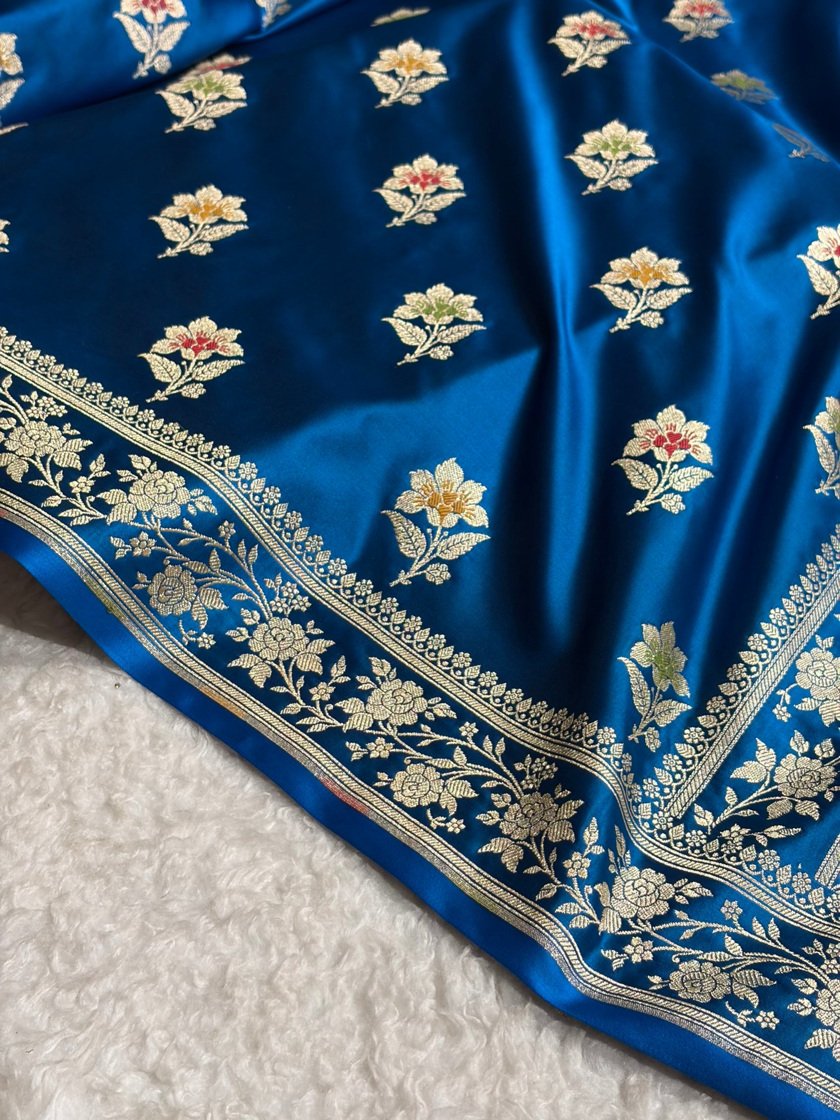 Premium Banarasi Satin Katan Saree With Minakari Boota in German Blue Shades SK112