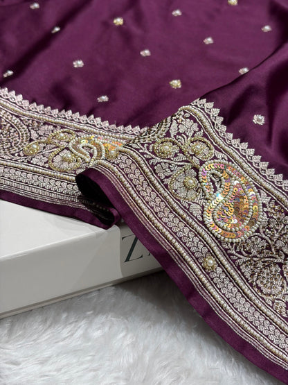 Wine Shades Plain Banarasi With Minakari Ari Zardozi Work Floral Border Mashru Silk Saree BMCS04