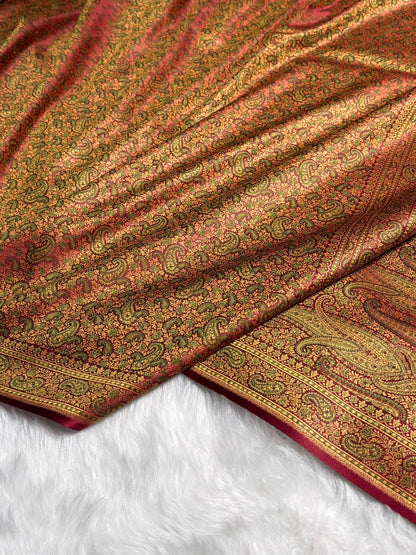 Greenish Maroon Jamawar Tanchoi Katan Silk Saree SKTM-11