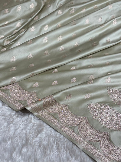 Banarasi Light Pista Scallop Mashru Silk with White Stone Swarovski work BMCS02