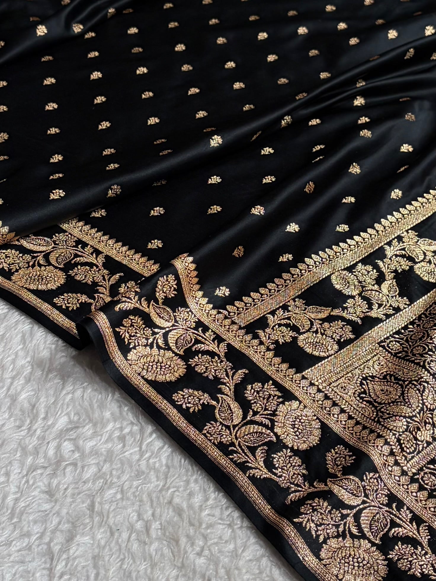 Black Floral Pattern Satin Katan Silk Saree SK77