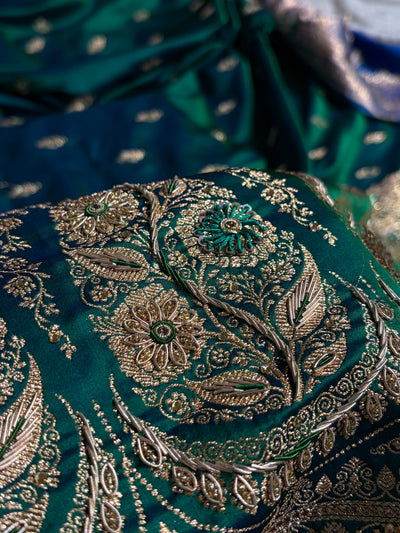 Banarasi Bridal Cross Green Work Pattern Satin Katan Silk Saree BSK82