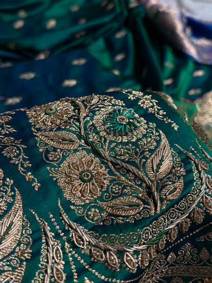 Banarasi Bridal Cross Green Work Pattern Satin Katan Silk Saree BSK82