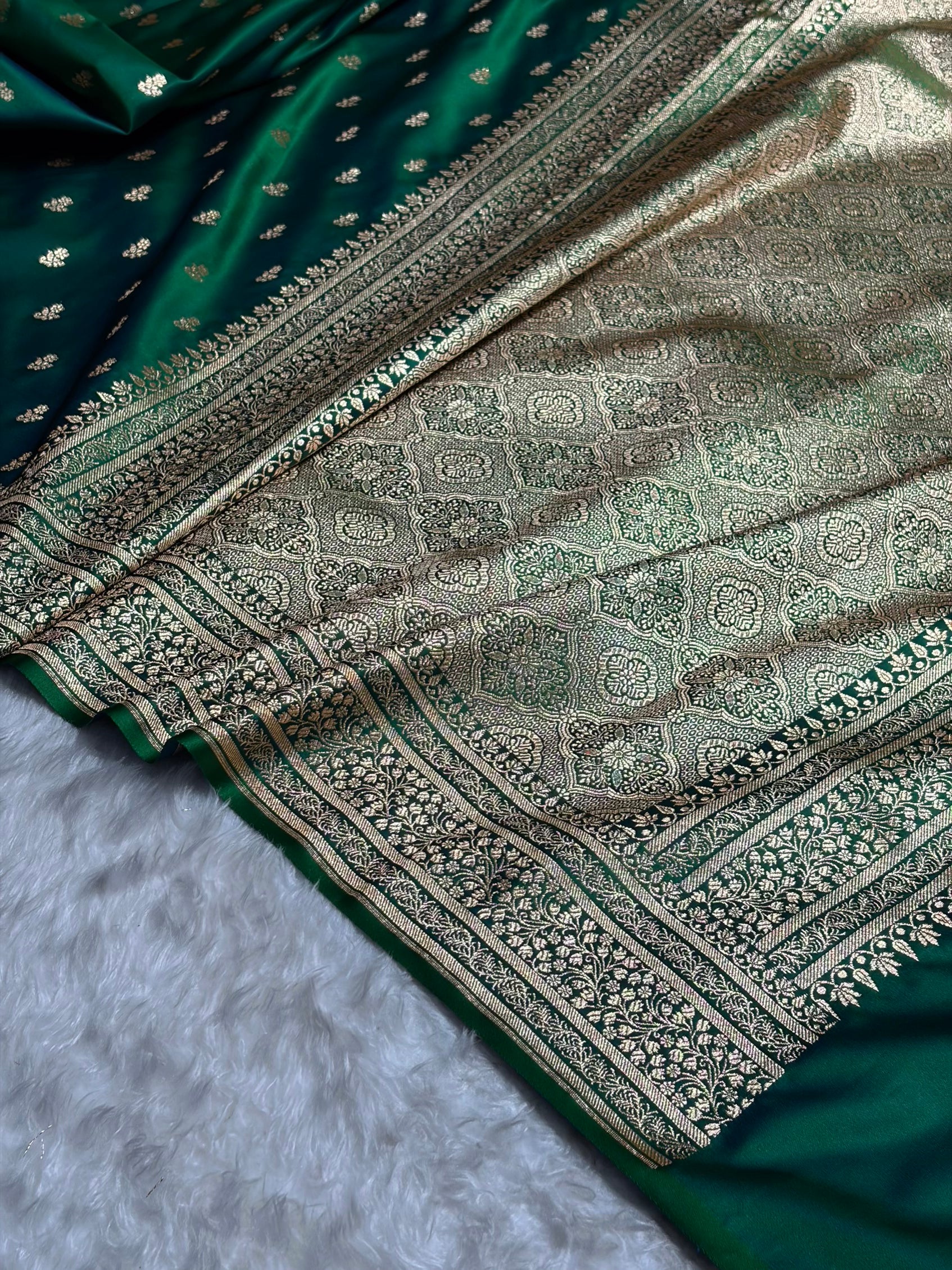 Banarasi Satin Katan Saree in Cross Green Shades SK89