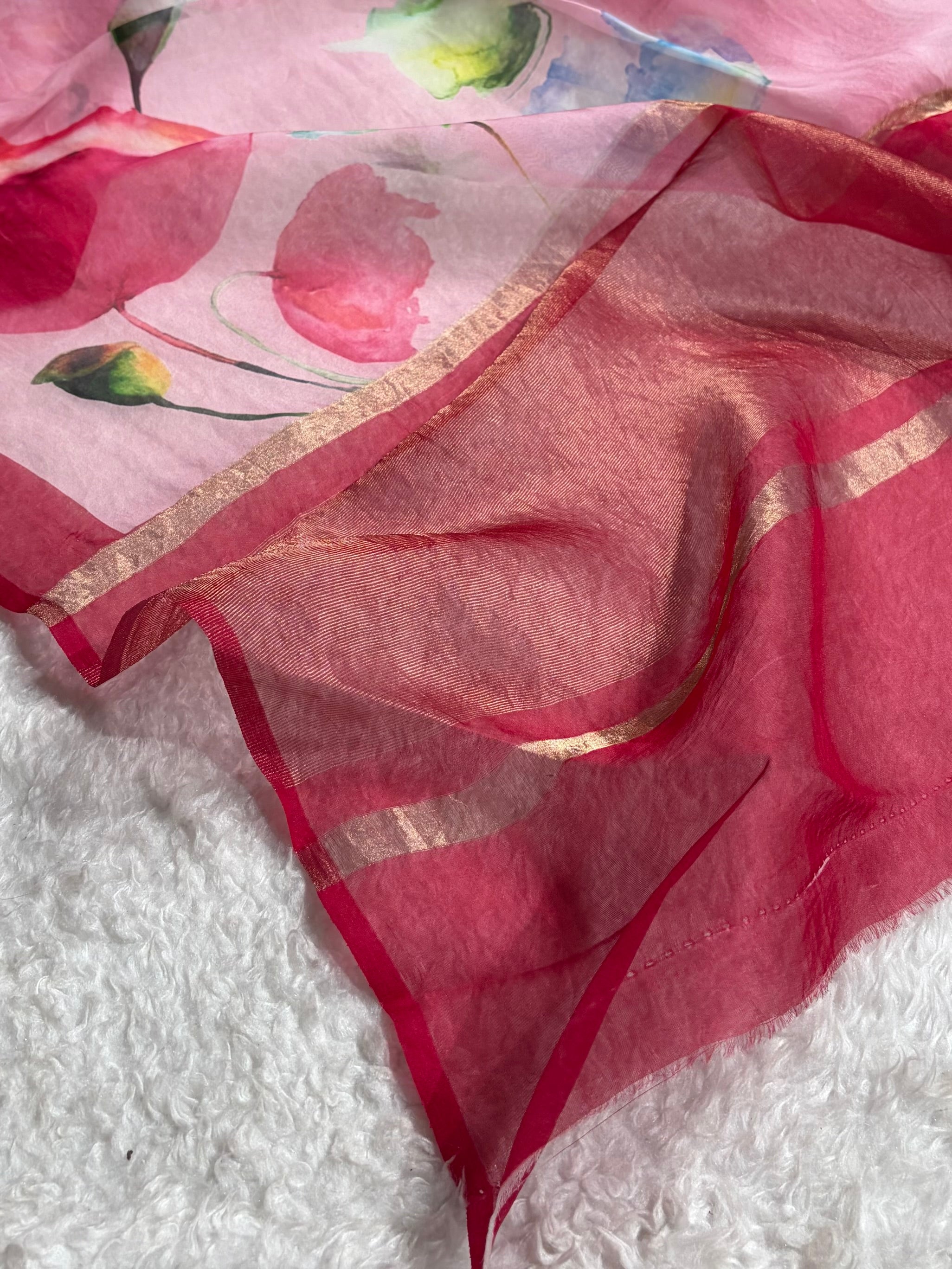 Baby Pink Organza with Pastel Multicolor Florals POP04