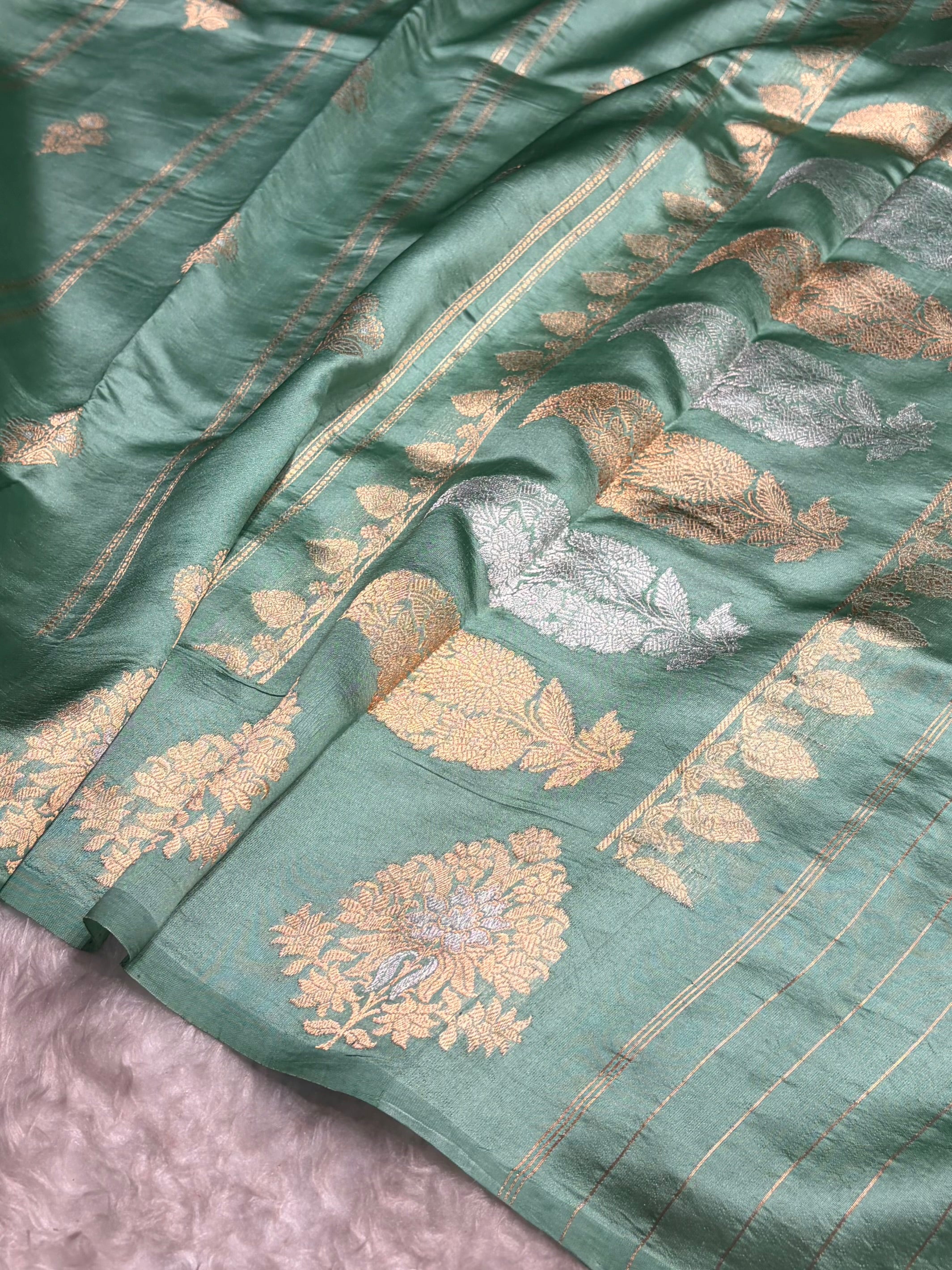 Sea Green Shades Banarasi Handwoven Pure Paper Katan Silk  RM-66