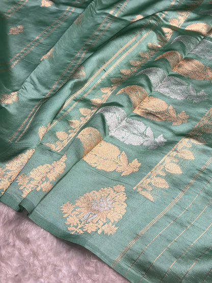 Sea Green Shades Banarasi Handwoven Pure Paper Katan Silk  RM-66