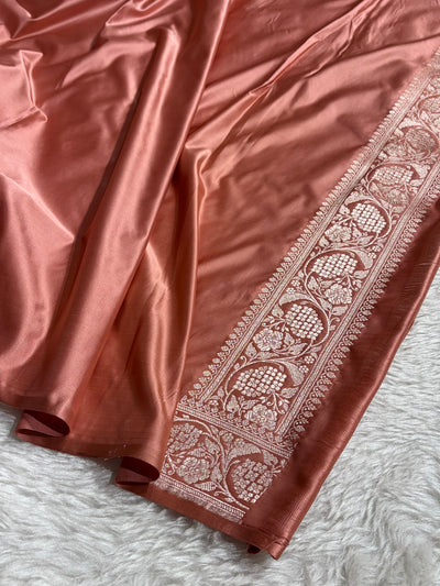 Peach Shades Banarasi With Floral Jaal Pattern Mashru Silk Saree MSM-134