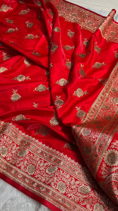 Satin Silk Saree Swarovski Work Floral Boota in Red Shades BSS26