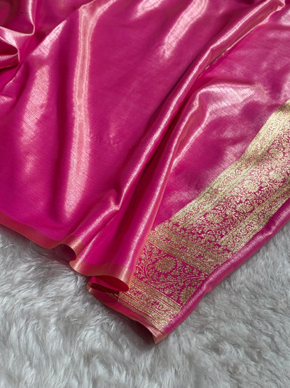 Pink Contrast Shades Jaal Pattern Banarasi Satin Silk Saree SS47