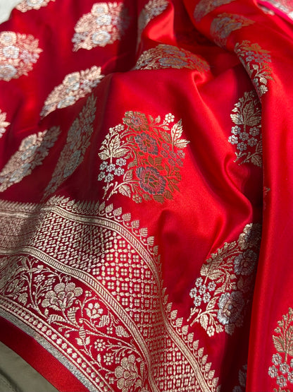 Premium Banarasi Satin Katan Saree With Minakari Boota in Red Shades SK93