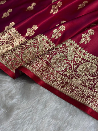 Magentic Red Unique Boota Pattern Satin Katan Silk Saree SK68