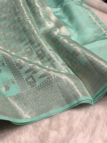 Sea Green Banarasi Jaal Pure Caramel Silk Saree CS-07