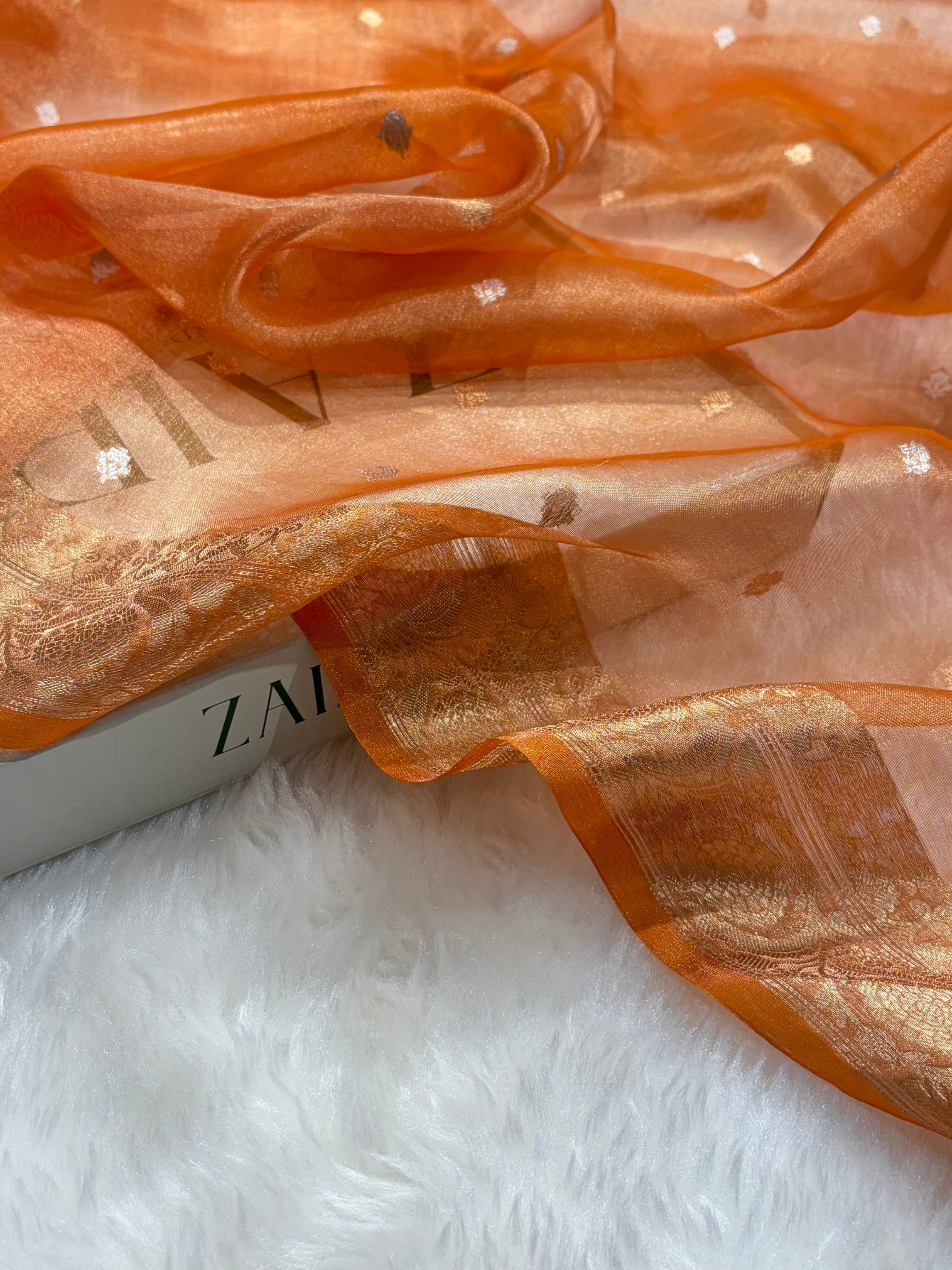 Orange Bananasi Floral Shades Pure Tissue Silk Saree PT-34