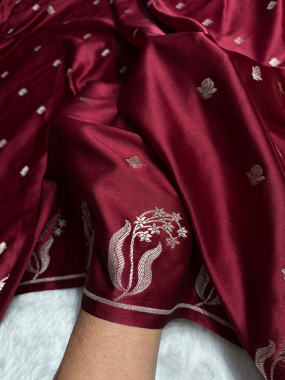 Garnet Shades Floral Border Booti Mashru Silk Saree MS74