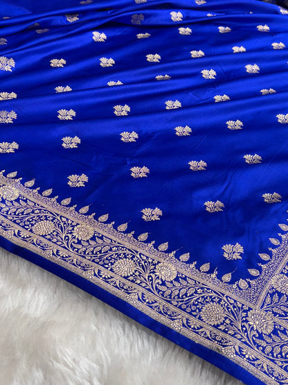 Banarasi Royal Blue Shades Floral Boota Satin Katan Silk saree SK32