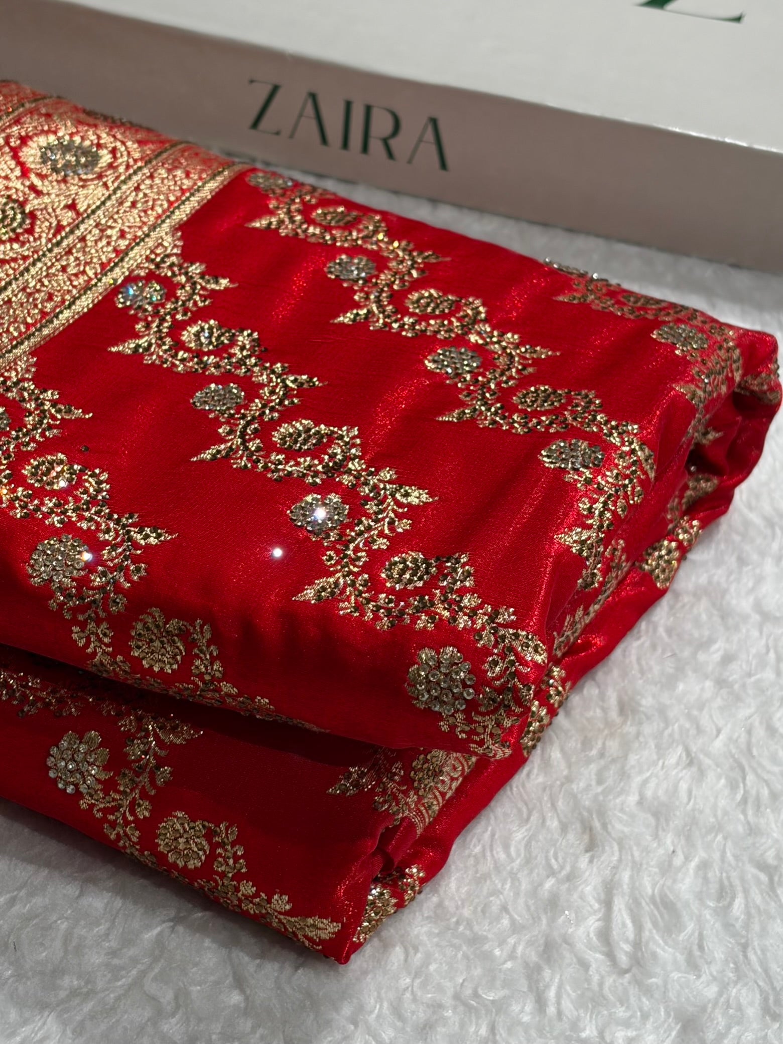 Banarasi Bridal Red Shades With Swarovski Stone and White Stone Work Satin Silk Saree BSS32