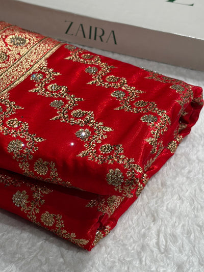 Banarasi Bridal Red Shades With Swarovski Stone and White Stone Work Satin Silk Saree BSS32