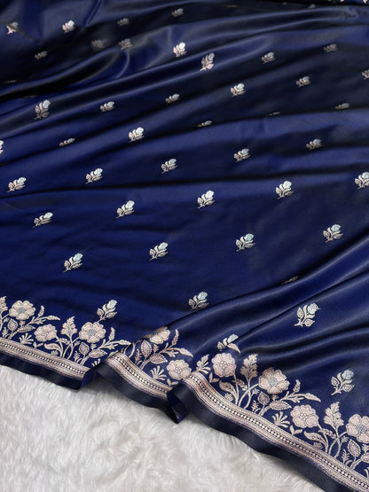 Navy Blue Boota With Floral Border Mashru Silk Saree MSM-85